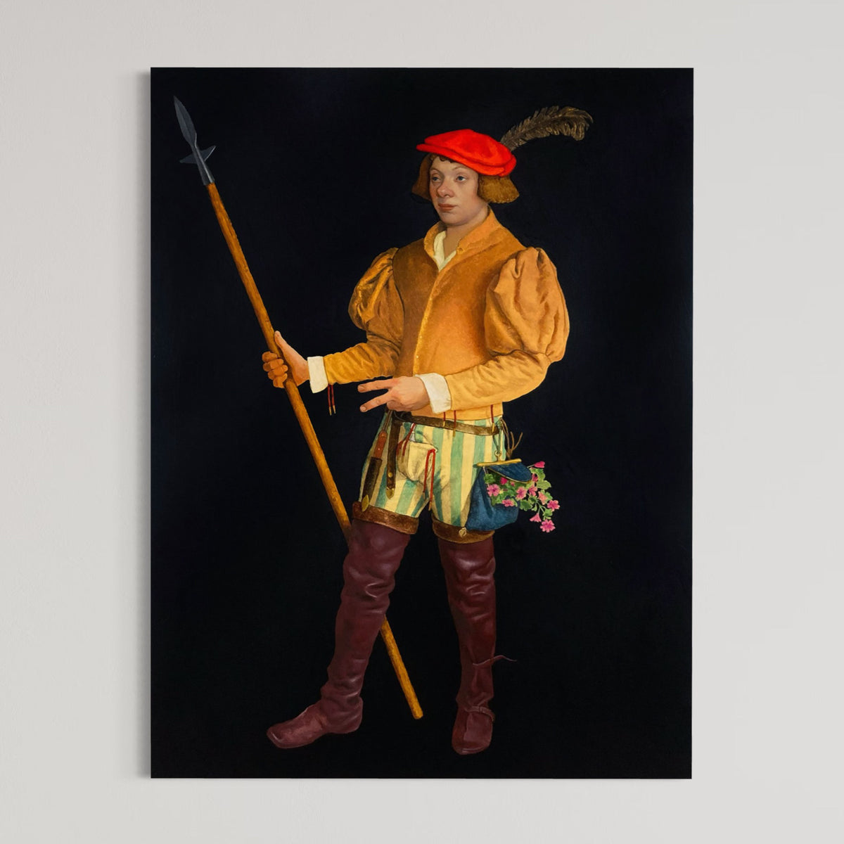 Une œuvre réalisée à l’huile sur bois par Émile Brunet, qui revisite l’art de la renaissance et l’art médiéval avec une pincée d’humour