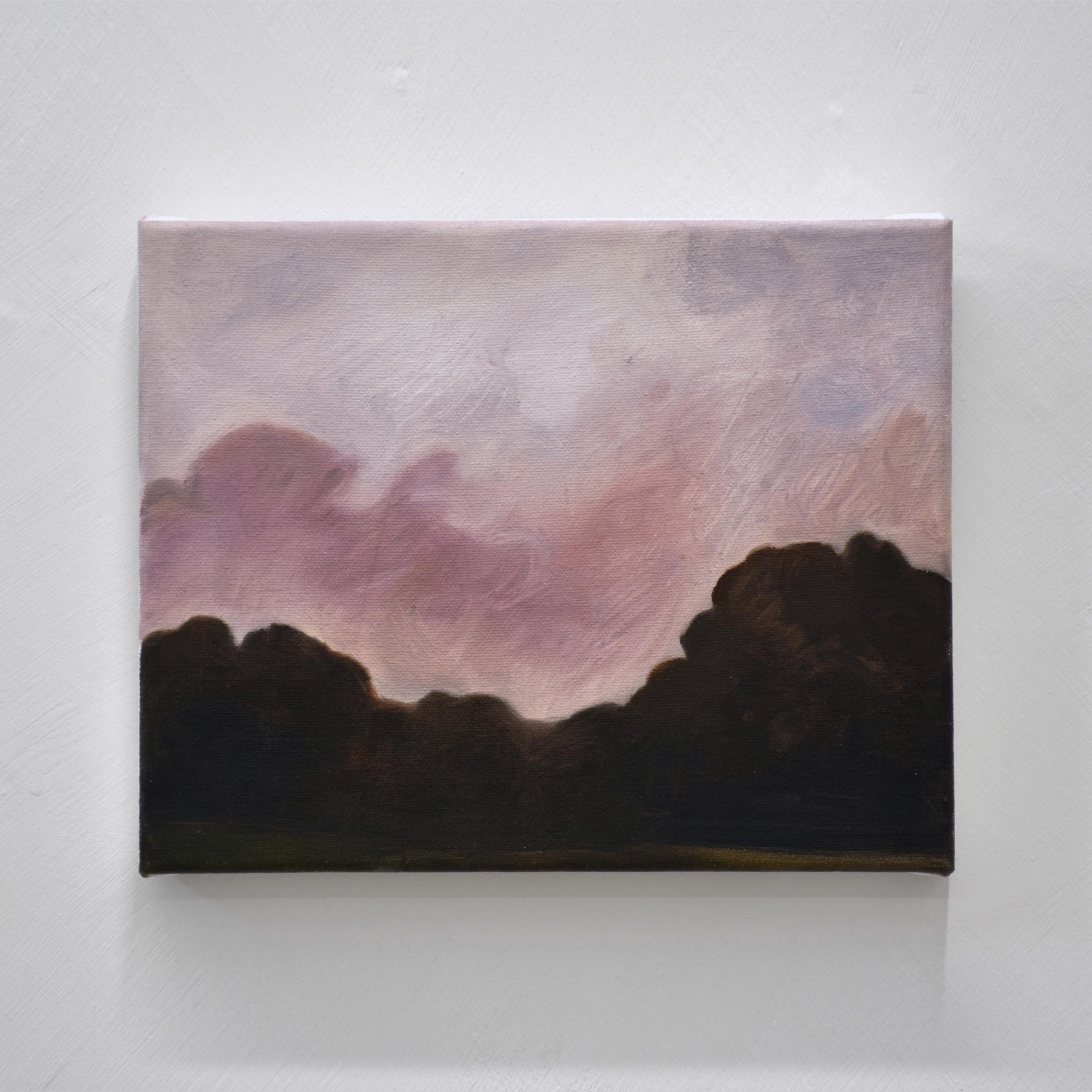 Intitulé Rose, ce tableau de Vanessa Locatelli, réalisé à l’huile sur toile, représente un ciel rose éclairant une végétation abondante au crépuscule.