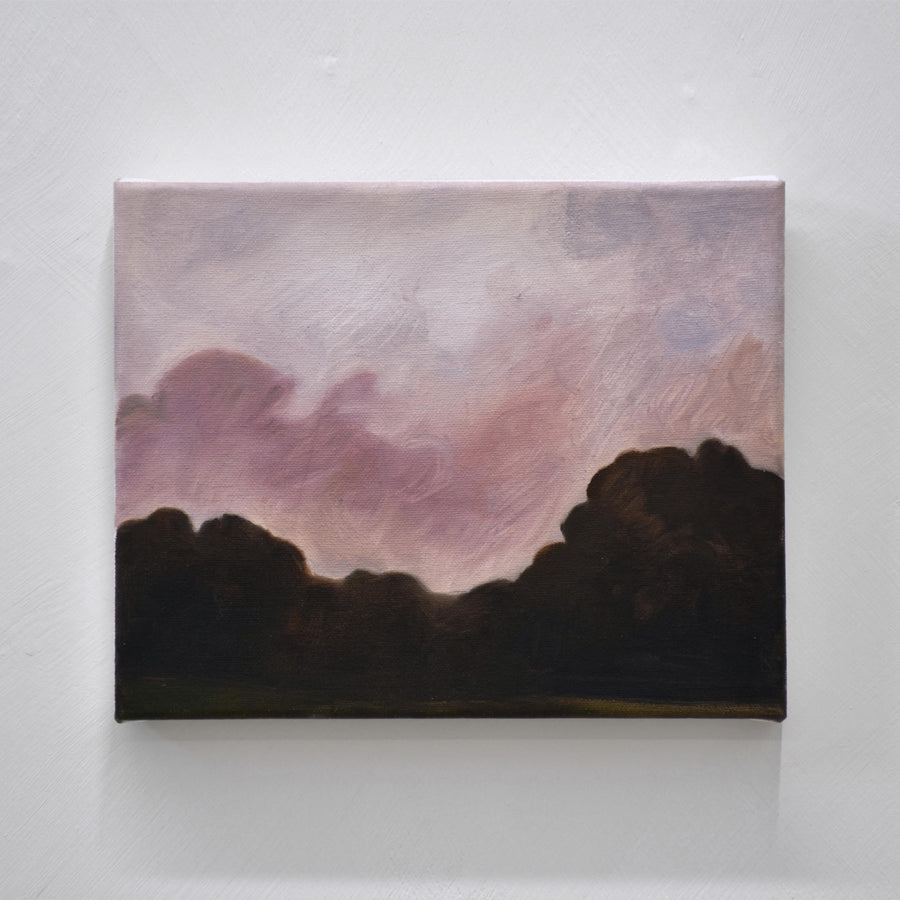 Intitulé Rose, ce tableau de Vanessa Locatelli, réalisé à l’huile sur toile, représente un ciel rose éclairant une végétation abondante au crépuscule.