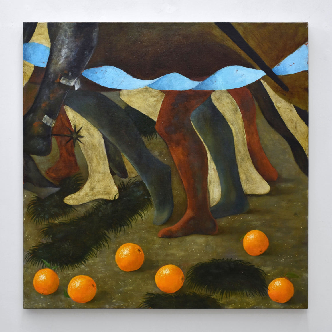 L’oeuvre intitulée Round Up, une huile sur toile de lin de l’artiste visuel Émile Brunet. Dimension de 36” x 36”. Décor médiéval avec oranges.