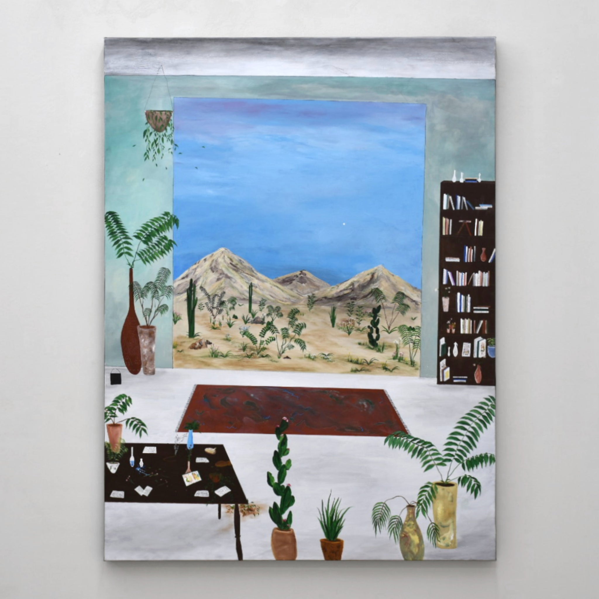 Tableau surréaliste de Gabriel Rioux, intérieur vert turquoise avec une ouverture sur un désert de montagnes. Acrylique sur toile.