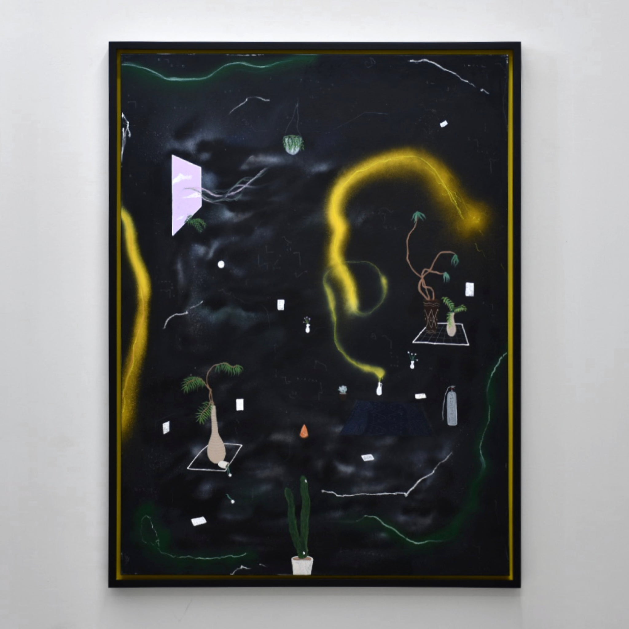 Tableau jaune et noir de Gabriel Rioux, composition abstraite avec éléments figuratifs, comme dans un rêve