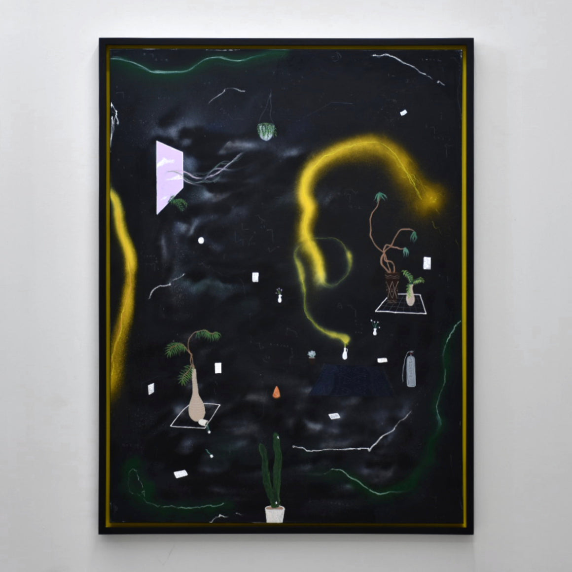 Tableau jaune et noir de Gabriel Rioux, composition abstraite avec éléments figuratifs, comme dans un rêve