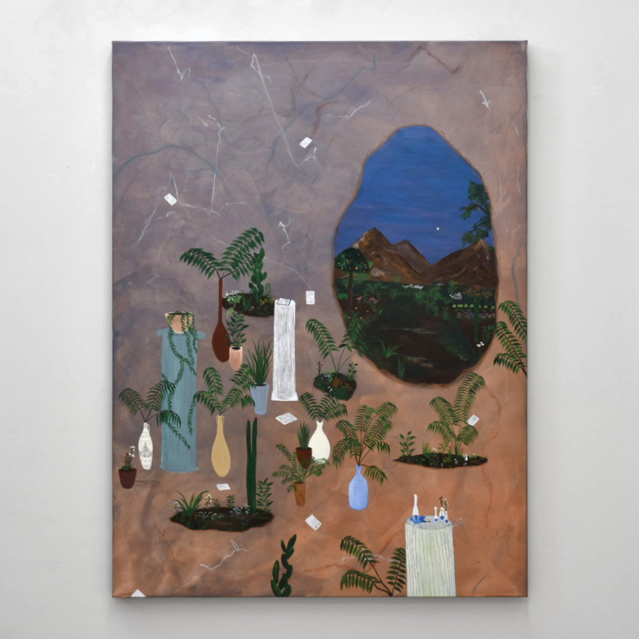 Tableau de Gabriel Rioux composé de constellations, de plantes et d’une ouverture dans une autre dimension. Format vertical.