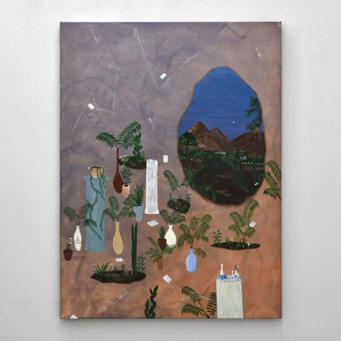 Tableau de Gabriel Rioux composé de constellations, de plantes et d’une ouverture dans une autre dimension. Format vertical.