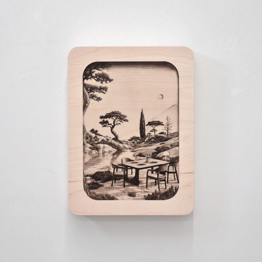Petit format sur bois de Charles Paradis réalisé au fusain. Composition matinale d’une salle à manger dans un décor naturel enchanteur.