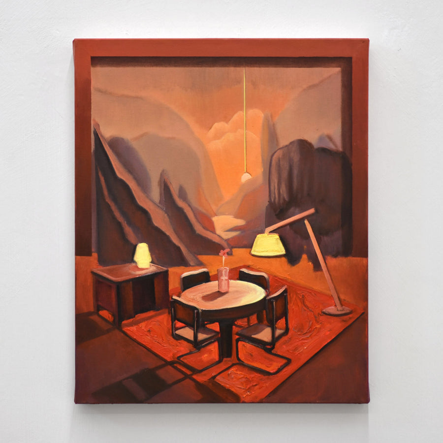 Sillage, huile sur toile, 16” x 20”, 2025, par Charles Paradis. Décor surréaliste tout rouge, salle à manger entourée de montagnes.