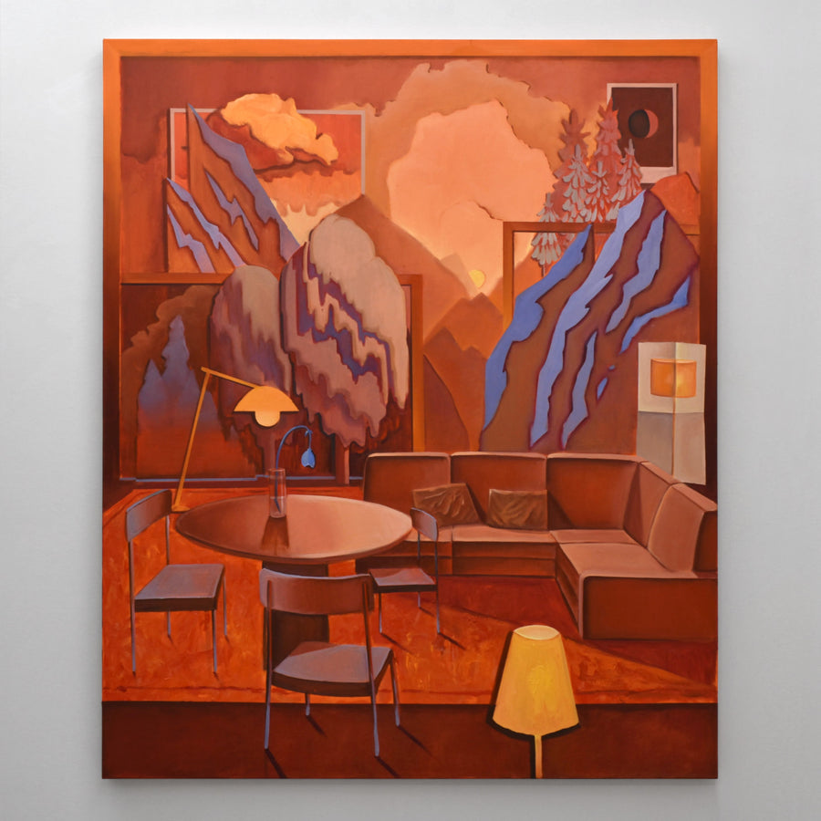 Solstice, huile sur toile, 57” x 67”, 2025, par Charles Paradis. Œuvre présentée dans le cadre de son exposition solo à la galerie Champagne et Paradis. Collection privée.