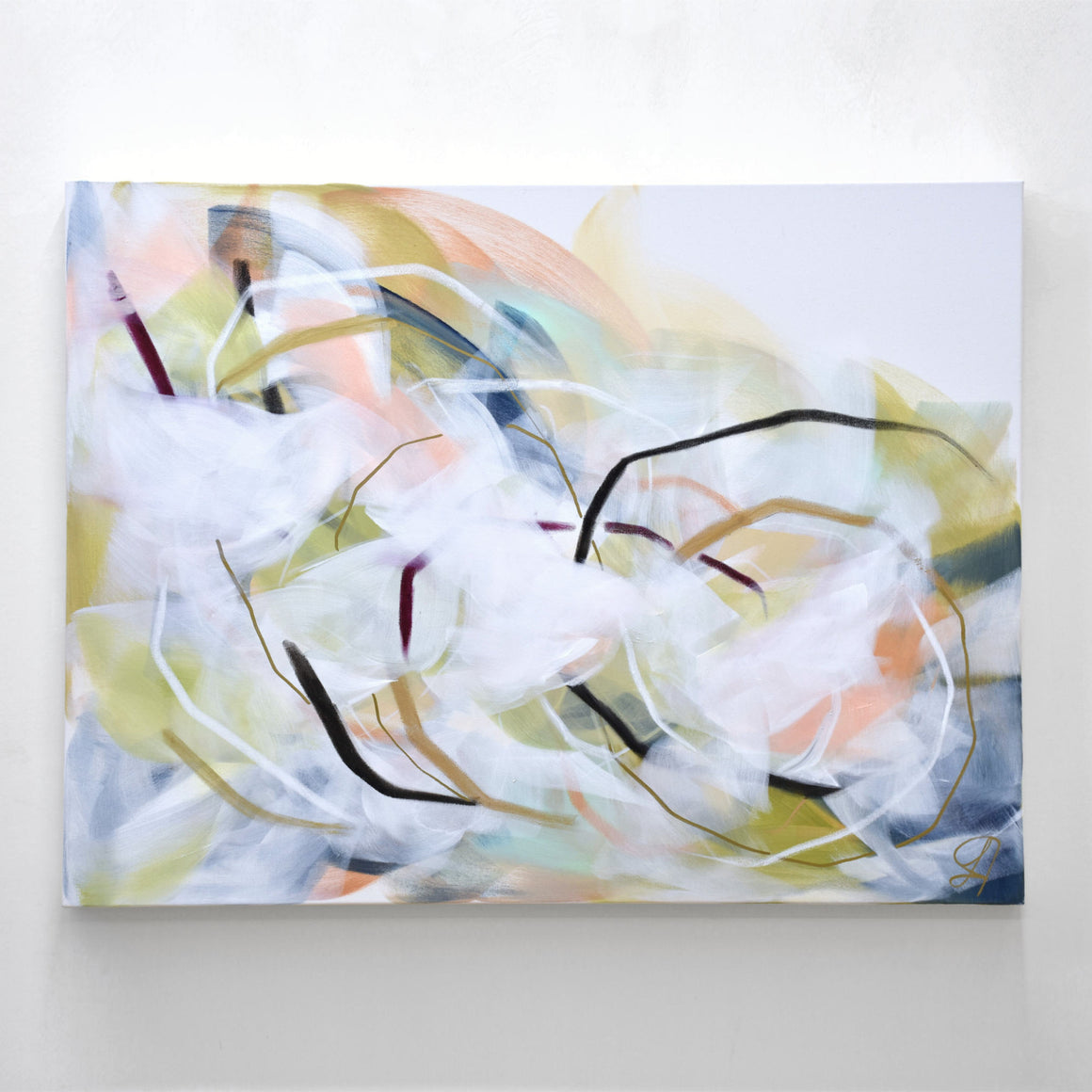 Steady, par Lysa Jordan. Tableau abstrait horizontal, acrylique et pastel gras sur toile, 30” x 40”, 2024.