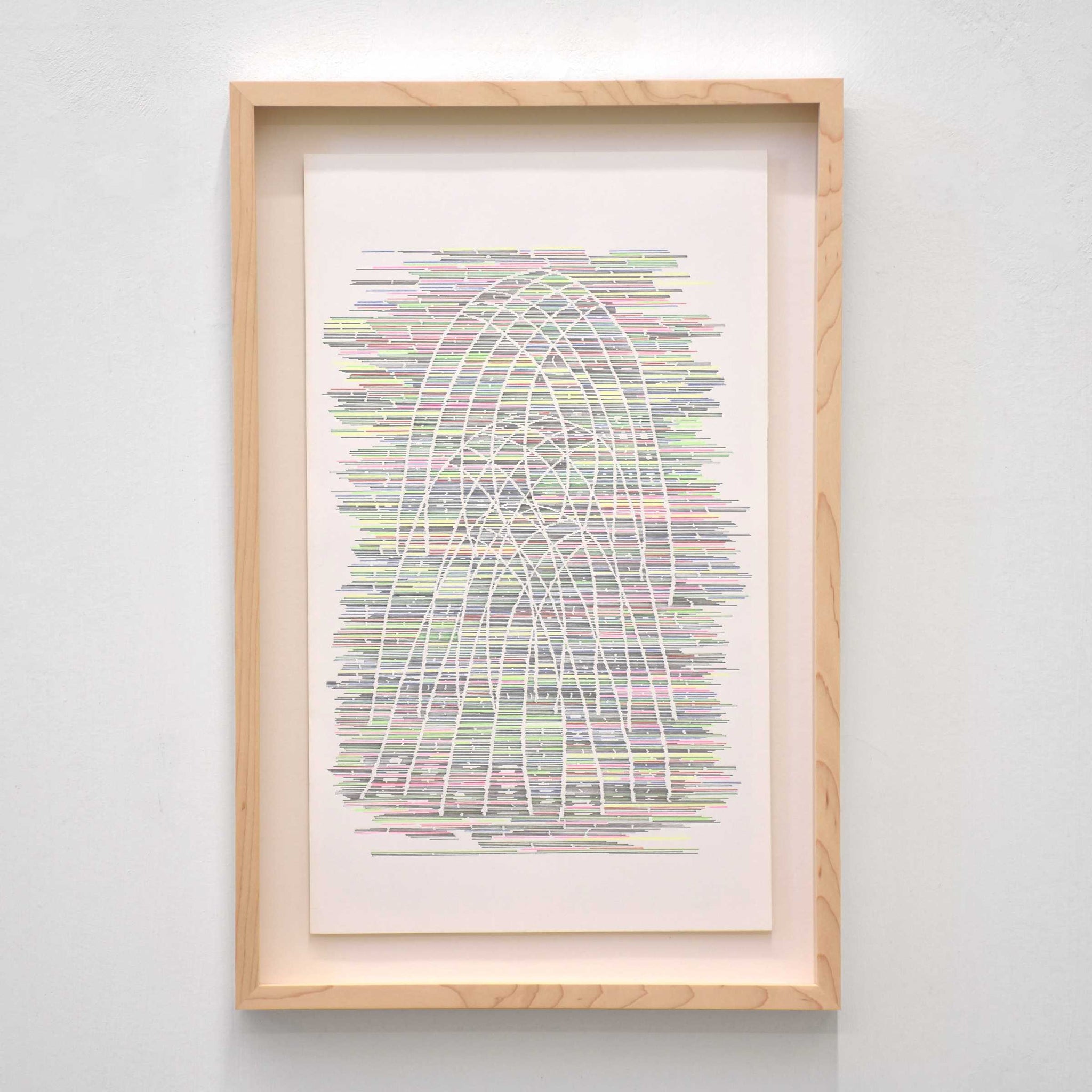 Structure fantomatique I de Marie-Claude Drolet. Dessin unique à l’encre et aux crayons de couleur sur papier Stonehenge. Cadre en érable. Composition graphique abstraite.