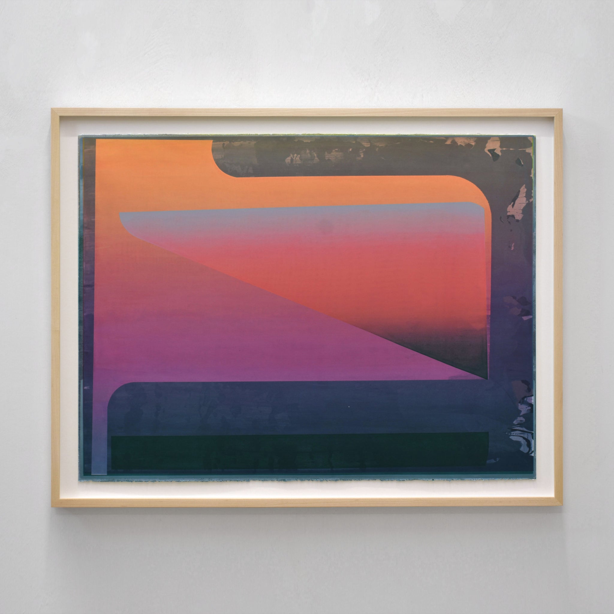 Structure la chute, de Jason Cantoro. Composition presque cubiste, paysage déconstruit. Couleur de coucher de soleil. Acrylique sur papier Stonehenge.