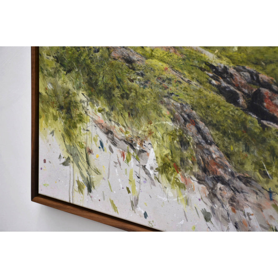 Explorer la petite île, de Chloé Giroux-Bertrand et mise en valeur par un encadrement en noyer. Rivage vert et ciel bleu violet.