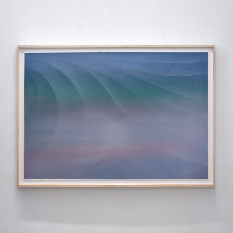 Tel qu’entendu, acrylique sur papier coton Somerset, 33,5” x 47” avec cadre, 2025, par Jason Cantoro. Œuvre présentée dans le cadre de son exposition solo à la galerie d’art contemporain Champagne et Paradis, à Kamouraska. Encadrement fabriqué sur mesure en érable naturel avec verre AR70 par François Simard. Collection privée.