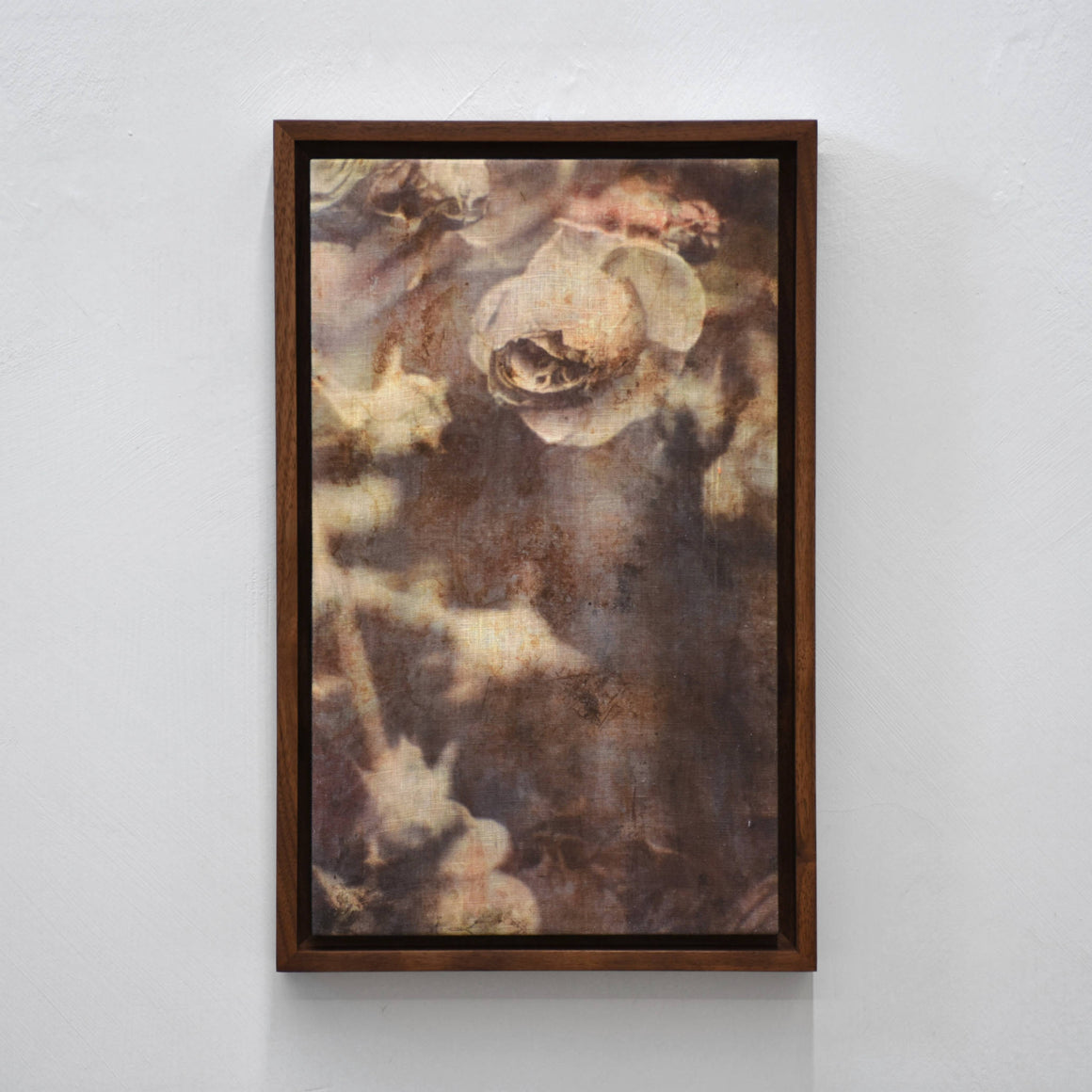 Toi la mordore, de Caroline Bolieu. Hommage à Chloé Sainte-Marie. Impression sur toile, tirage unique. Composition florale nostalgique. Cadre en noyer.