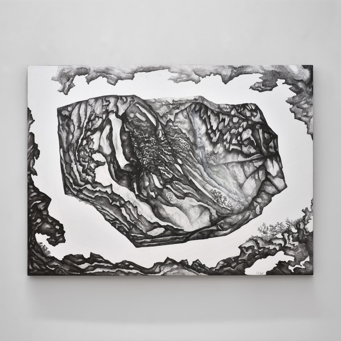 Format horizontal d’un dessin à l’encre noire sur papier marouflé sur bois signé Elisabeth Gravel. Composition surréaliste de formations sédimentaires et de coraux.