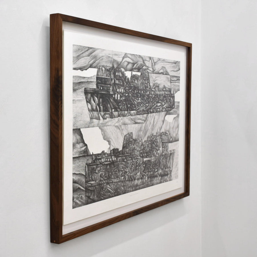 Allégorie d’un traversier, par Elisabeth Gravel. Inspiré d’un véritable traversier. Dessin surréaliste, encre noire sur papier Arches.