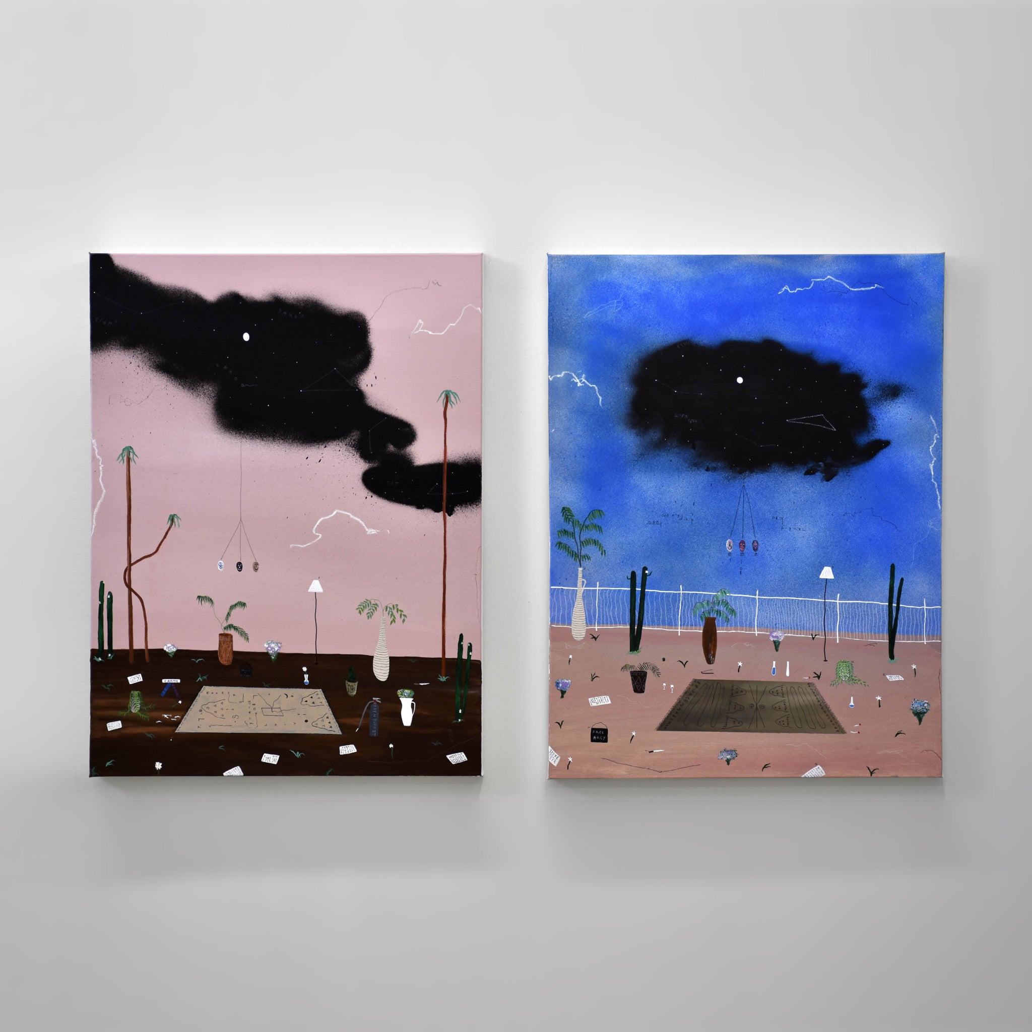 Un diptyque de Gabriel Rioux, deux petits formats verticaux, acrylique sur toile, paysages oniriques