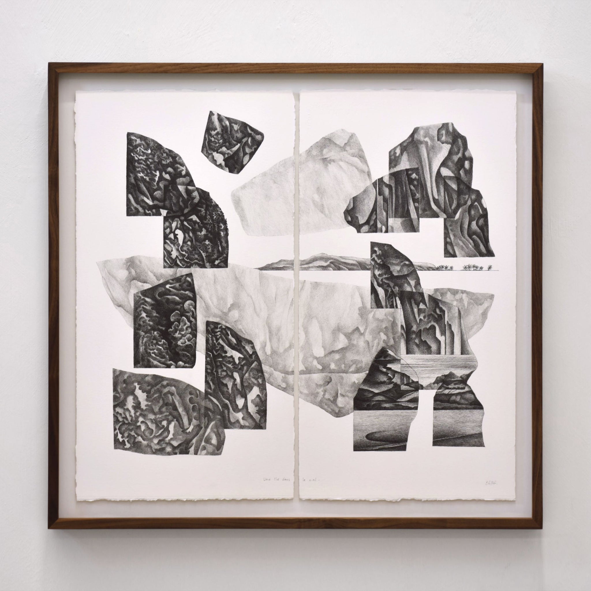 Une île dans le ciel, par Elisabeth Gravel. Diptyque sur papier Arches, encadrement en noyer. Composition surréaliste de rochers en suspension.
