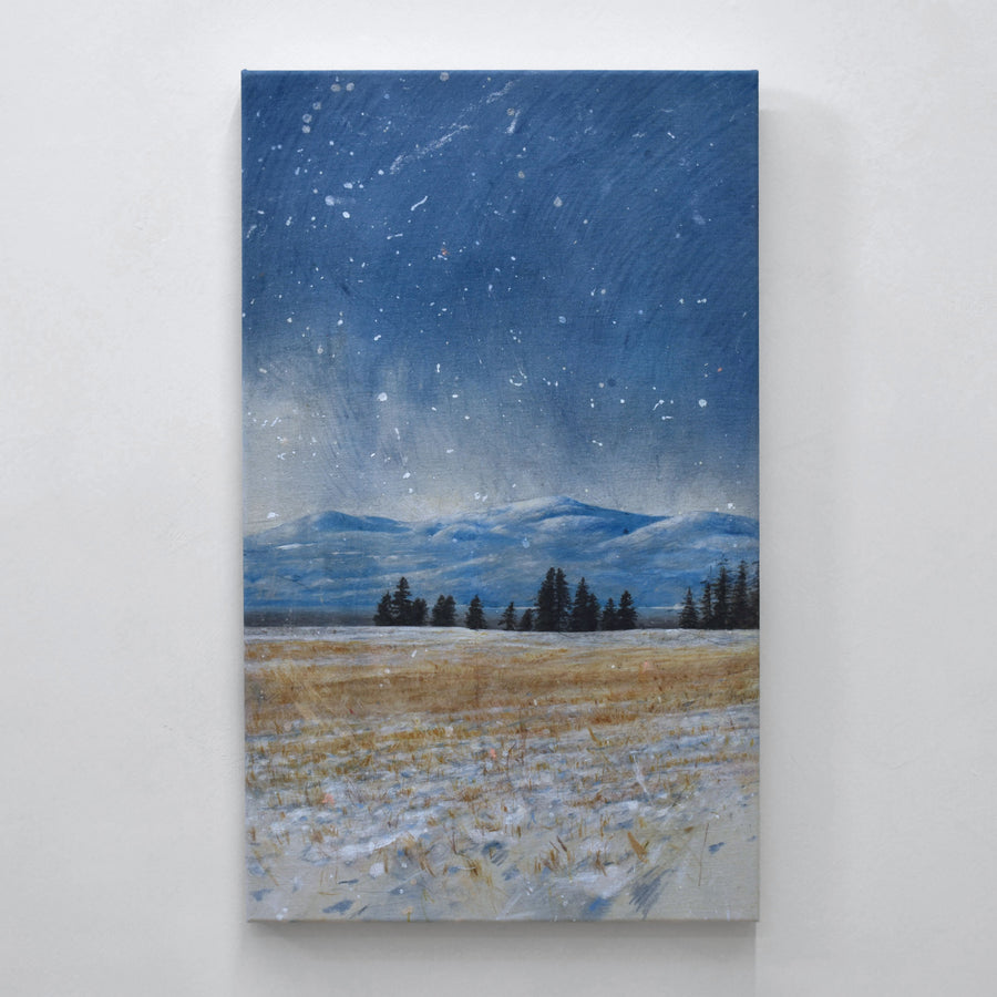 Tableau d’hiver de Chloé Giroux-Bertrand, format vertical avec des champs enneigés en premier plan, un horizon d’épinettes, puis le fleuve et ses montagnes au loin.