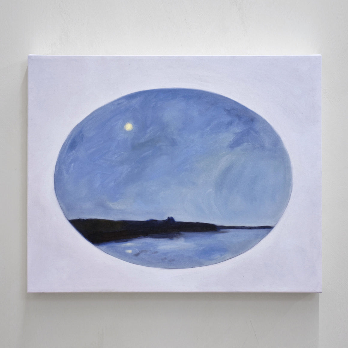 Peinture à l’huile sur toile de Vanessa Locatelli. Une nocturne marine inspirée d’une vue depuis un bâteau. 