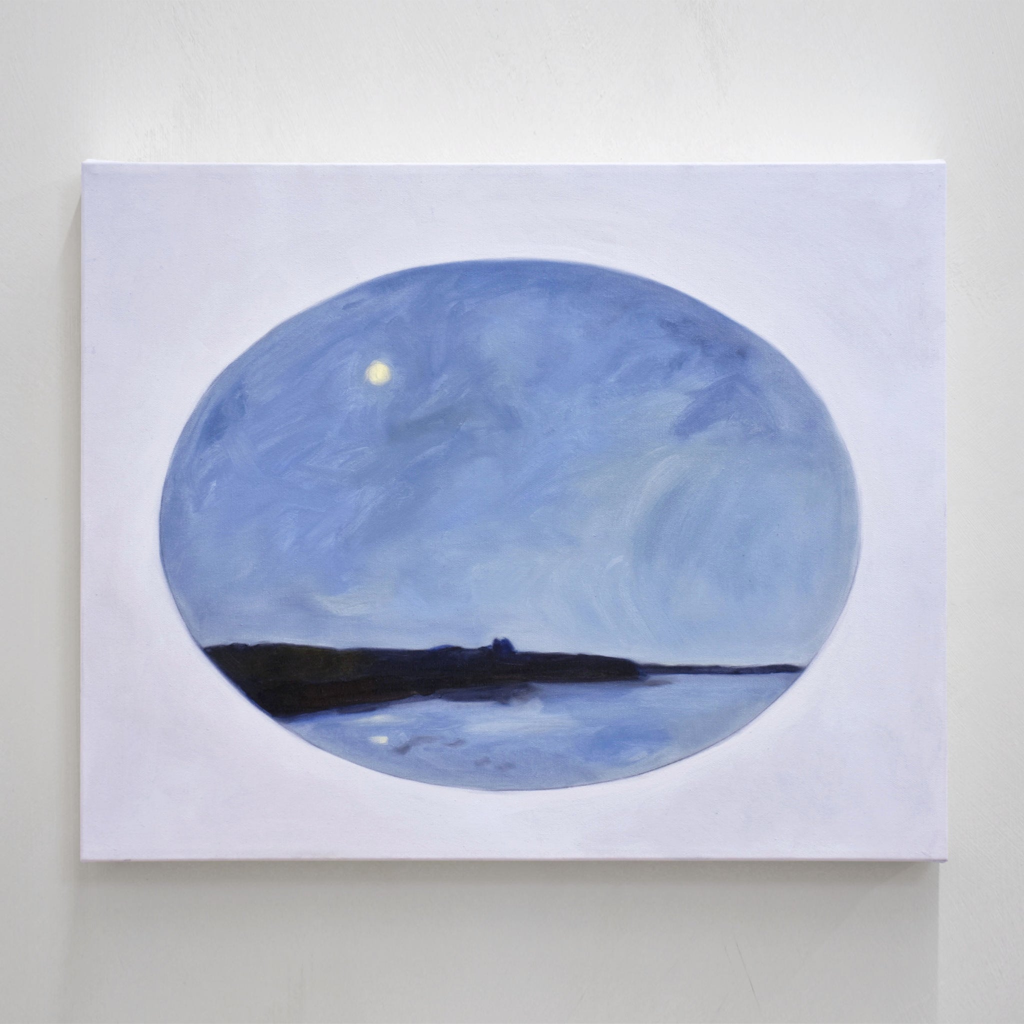 Peinture à l’huile sur toile de Vanessa Locatelli. Une nocturne marine inspirée d’une vue depuis un bâteau. 