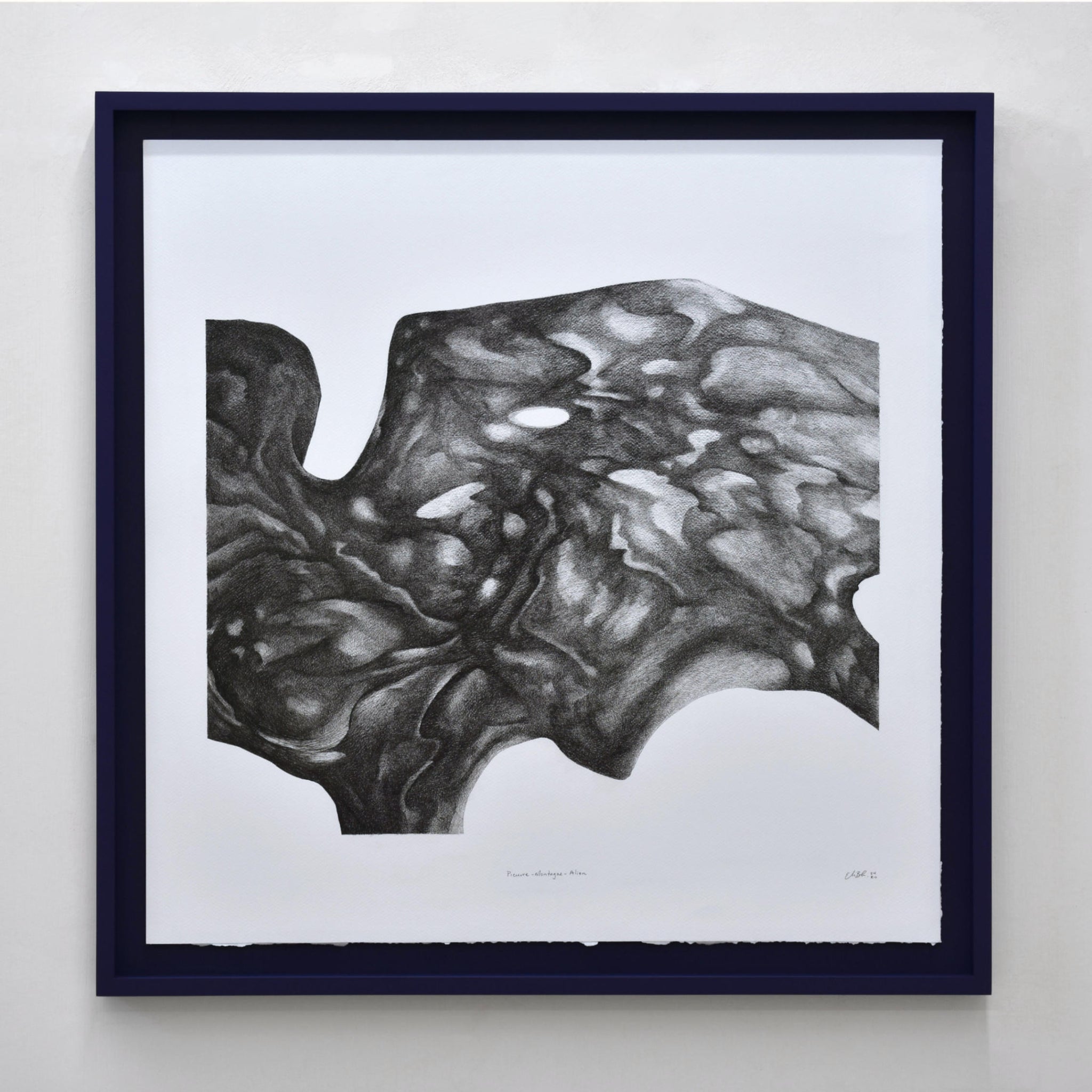 Pieuvre-montagne-alien, par Elisabeth Gravel. Composition monochromatique surréaliste. Pieuvre noire sur papier blanc. Cadre bleu foncé.