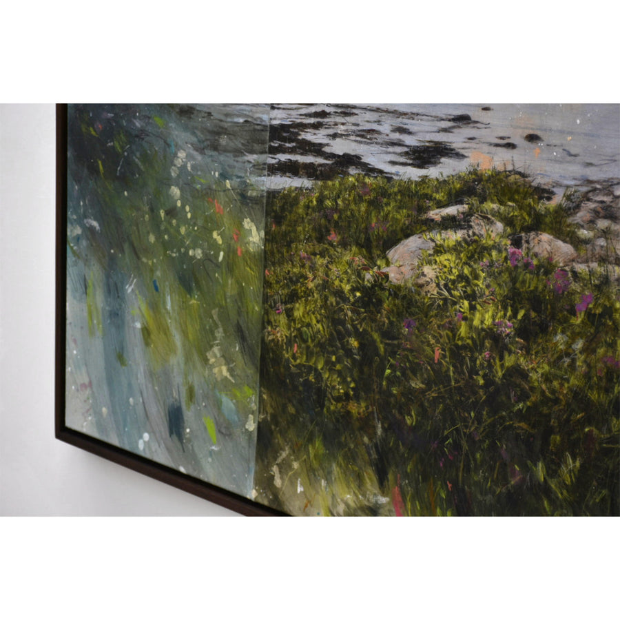 Au bout de l’île, par Chloé Giroux-Bertrand. Grand format horizontal avec couture. Tableau d’un rivage de l’Île Verte l’été.