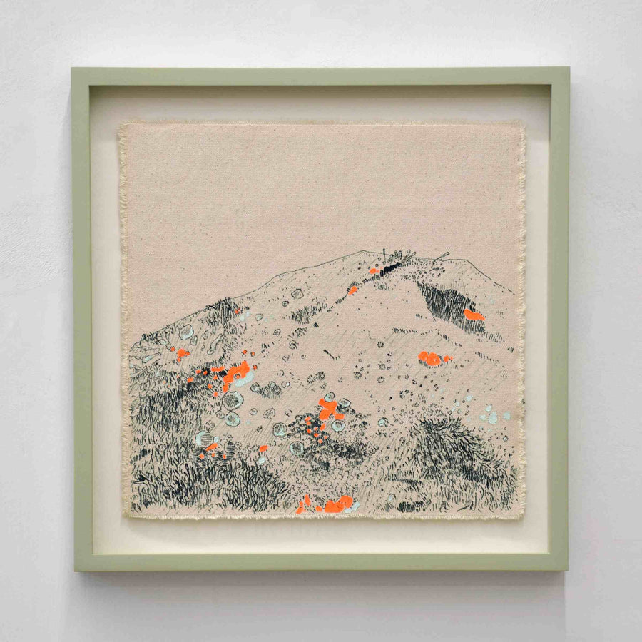 Série rocher montagne I de Karine Locatelli. Composition de lichen sur rocher. Encadrement vert lichen. Encre de chine sur toile naturelle.