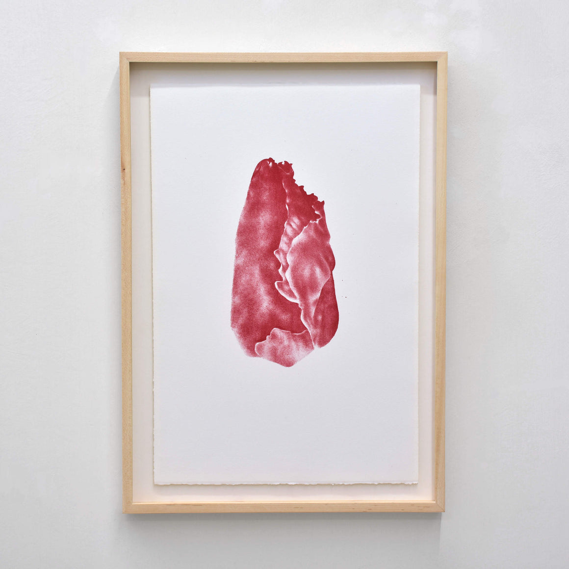 L’asymétrie des roses, par Julie Bellavance. Dessin d’un bouton de rose réalisé sur pierre, puis imprimé sur papier Stonehenge blanc. Fleur rouge, cadre en érable.