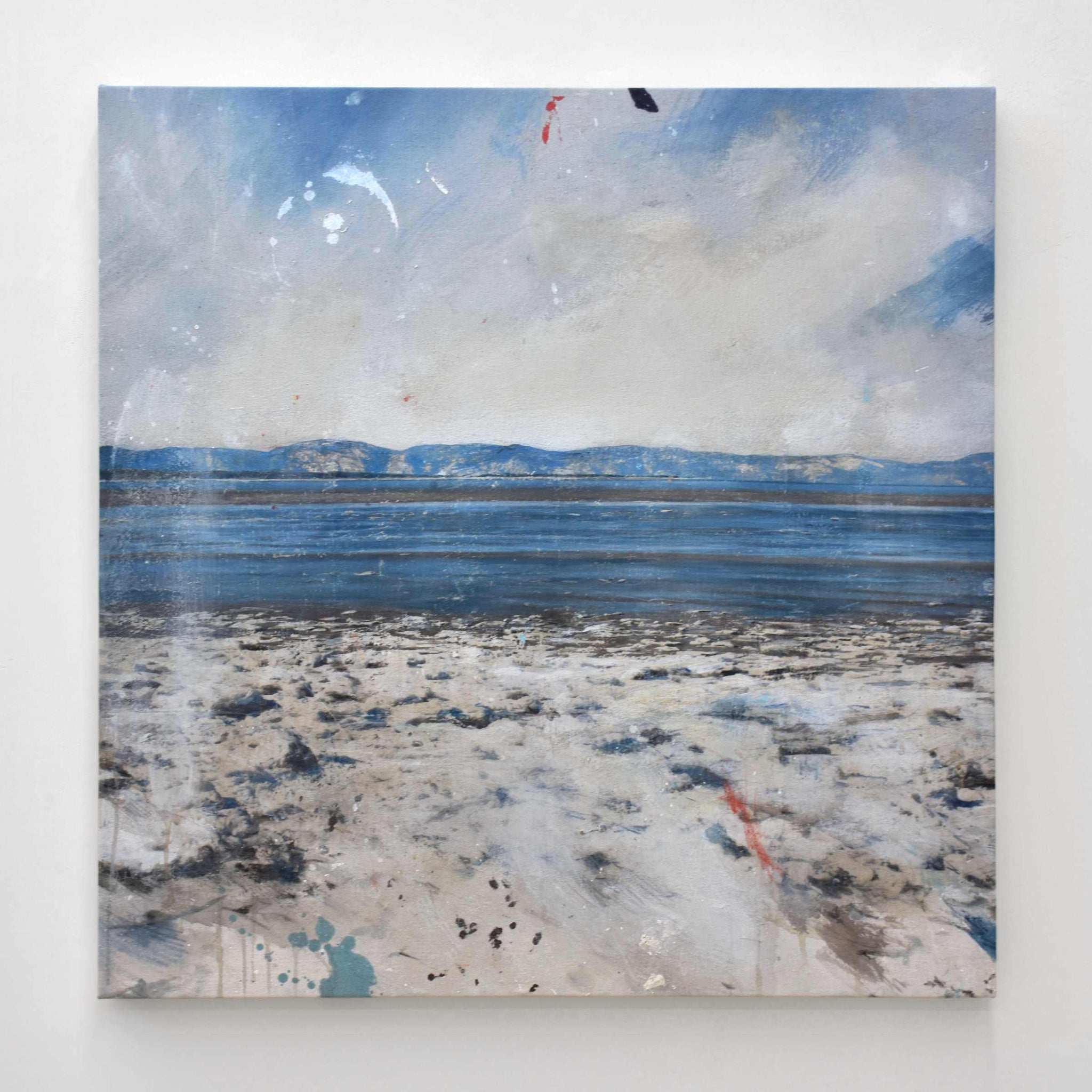 Avant que les glaces ne disparaissent, par Chloé Giroux-Bertrand. Tableau d’hiver avec glaces sur un fleuve bleu cyan.