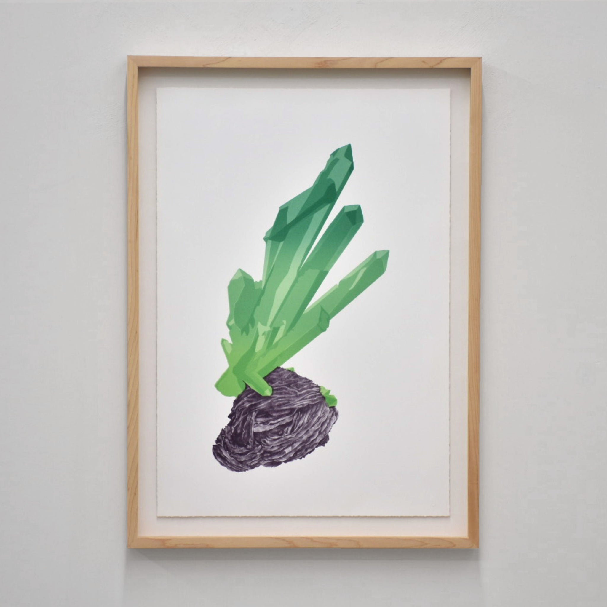 Hématite et quartz (vert), par Julie Bellavance. Dessin complexe d’un quartz vert sur fond blanc. Impression lithographique en quatre passages. Tirage limité.