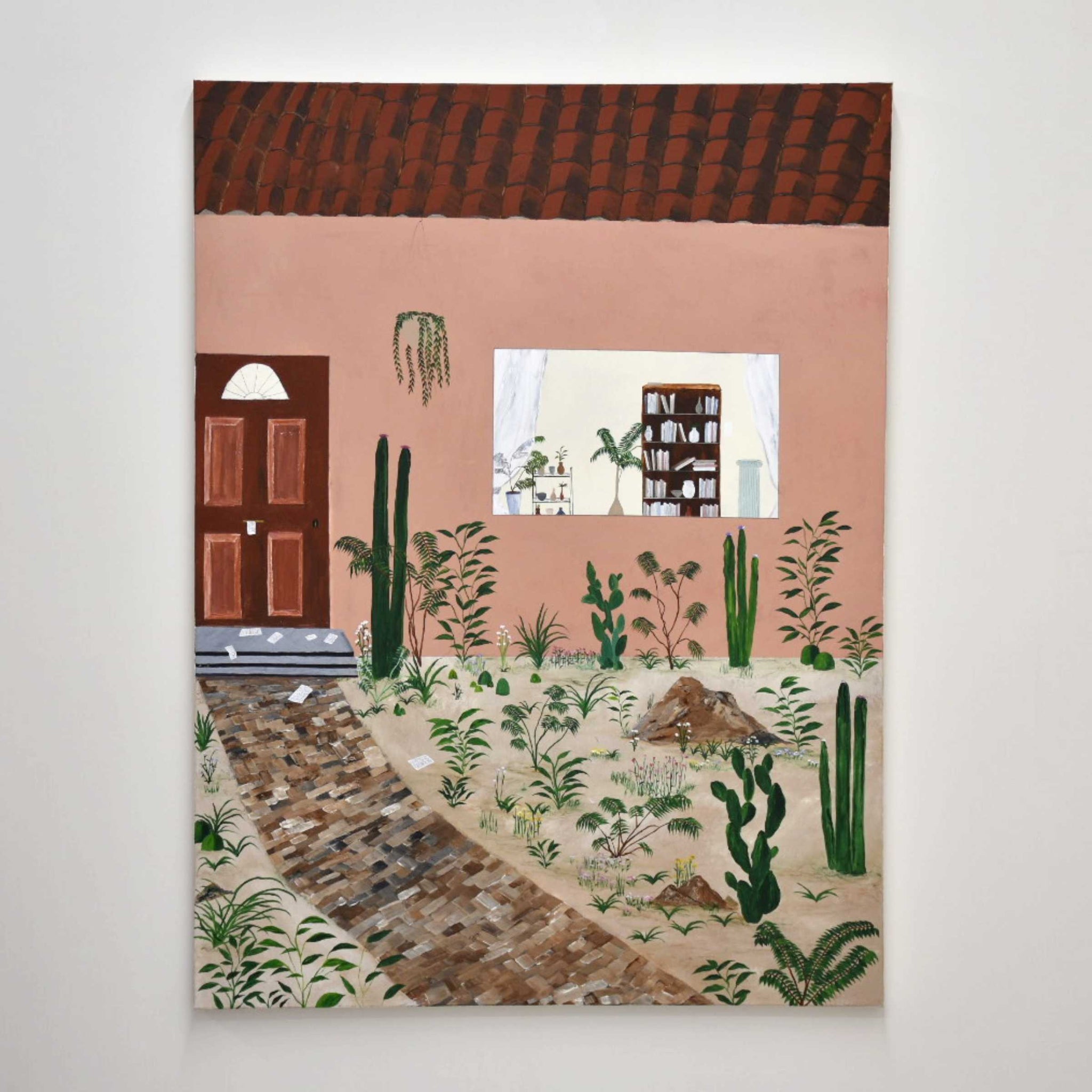 I won’t write back, de Gabriel Rioux. Acrylique sur toile, 36” x 48”, 2022. Décor extérieur mexicain, maison rose avec toiture en tuiles rouges. Cactus et plantes dehors.