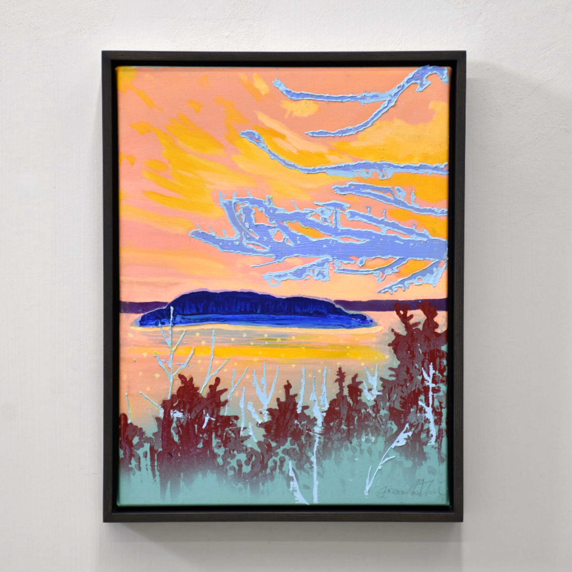 Kamou de Josiane Lanthier. Petite peinture verticale d’un paysage de Kamouraska. Île aux corneilles avec coucher de soleil.