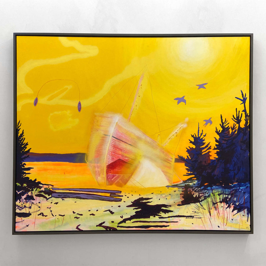 La nuit où le capitaine est mort, de Josiane Lanthier. Très grand format d’un bateau fantôme rose dans un ciel jaune éclatant. Légende de Charlevoix.