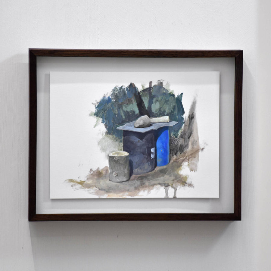 Les drums, de Benoit Chartier. Acrylique sur papier Bristol, 9” x 12”, 2020. Des tonneaux bleus fermés par une feuille de métal.