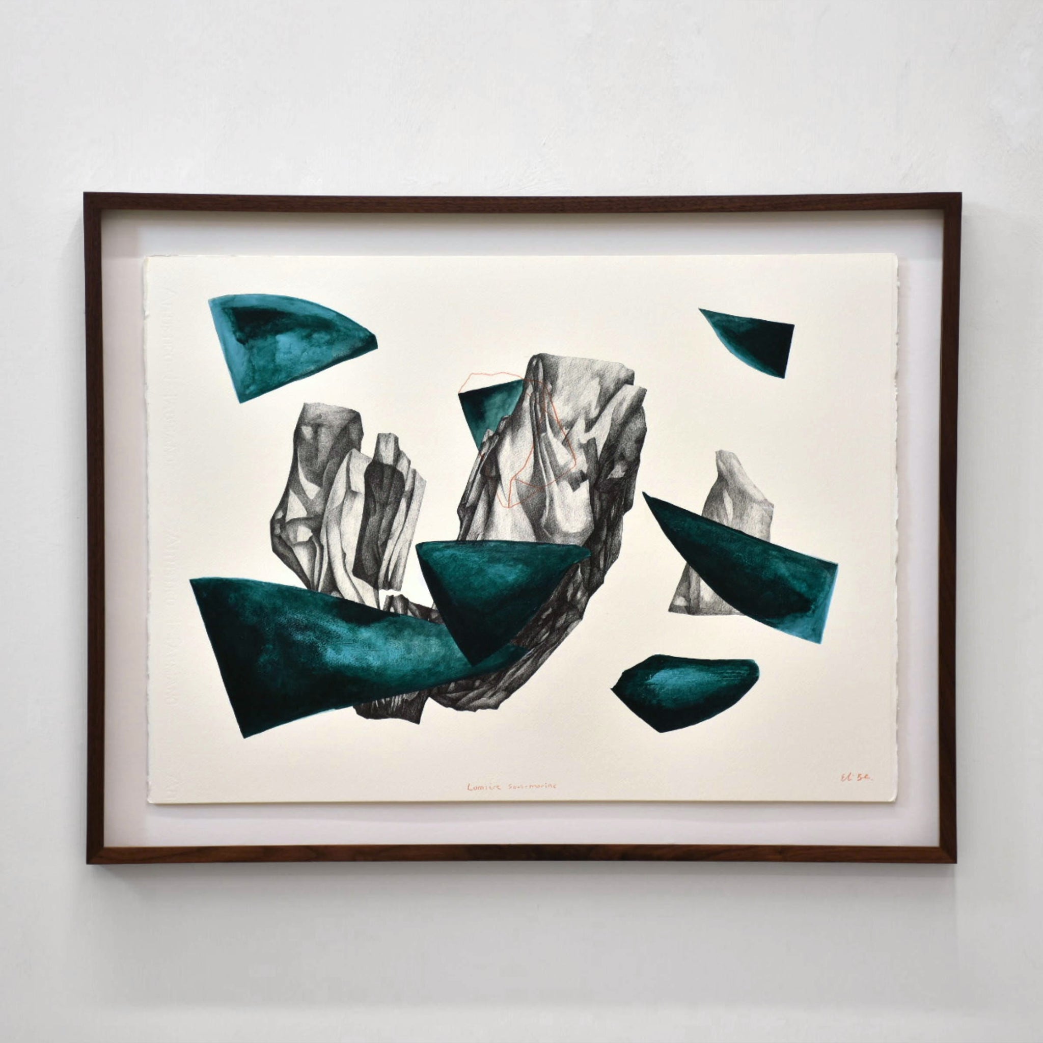 Lumière sous-marine, par Elisabeth Gravel. Composition surréaliste, dessin à l’encre noire et peinture acrylique verte. Formation de rochers en suspension.