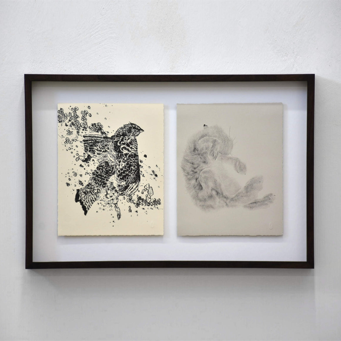 Récolte d’automne I, par Julie Bellavance et Karine Locatelli. Oeuvre collaborative, dessin d’une perdrix et d’un lièvre. Artiste chasseuse.