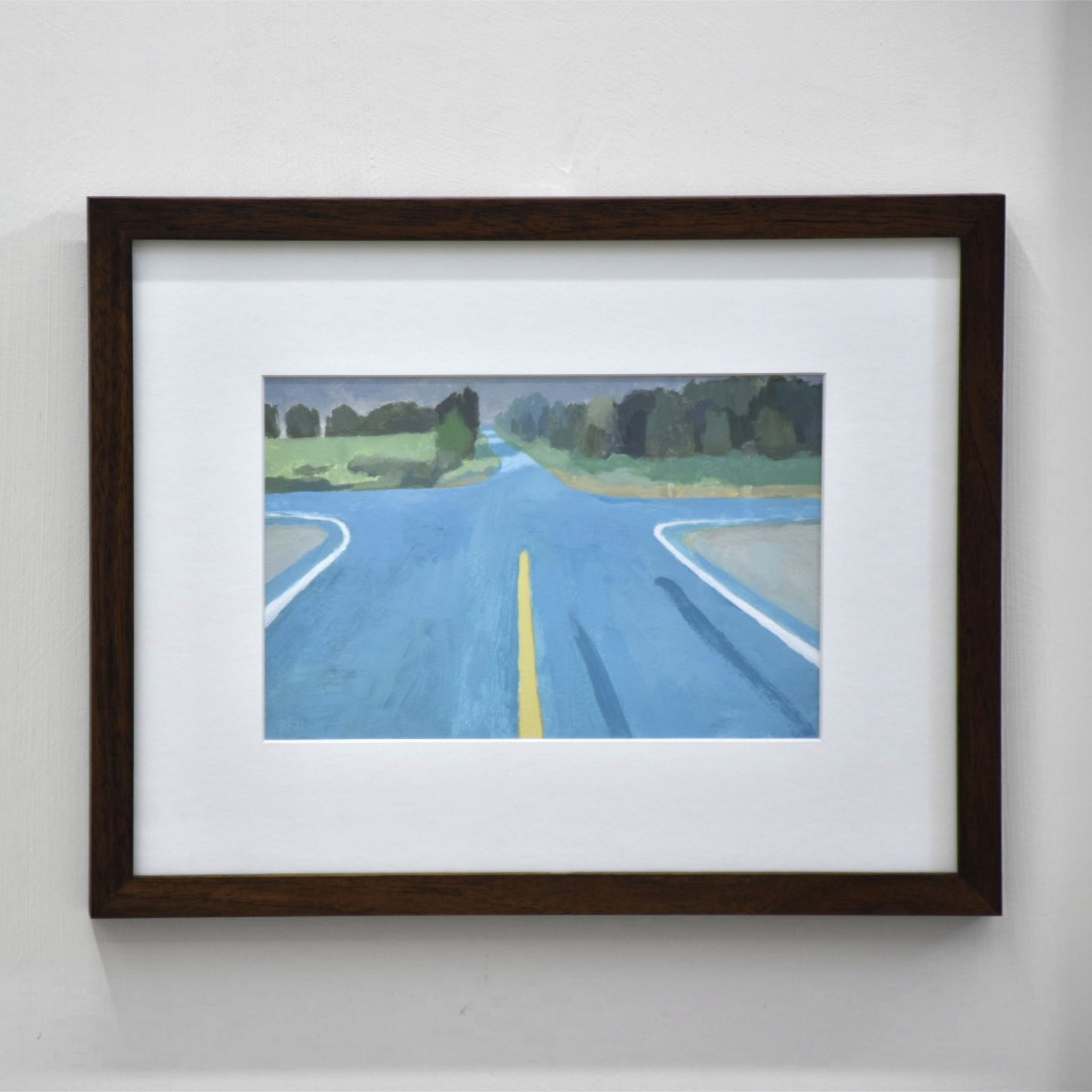 Sans arrêt, de Benoit Chartier. Acrylique sur papier Bristol, 11,25” x 14,25” avec cadre en noyer. Peinture d’une intersection routière avec traces de pneu.