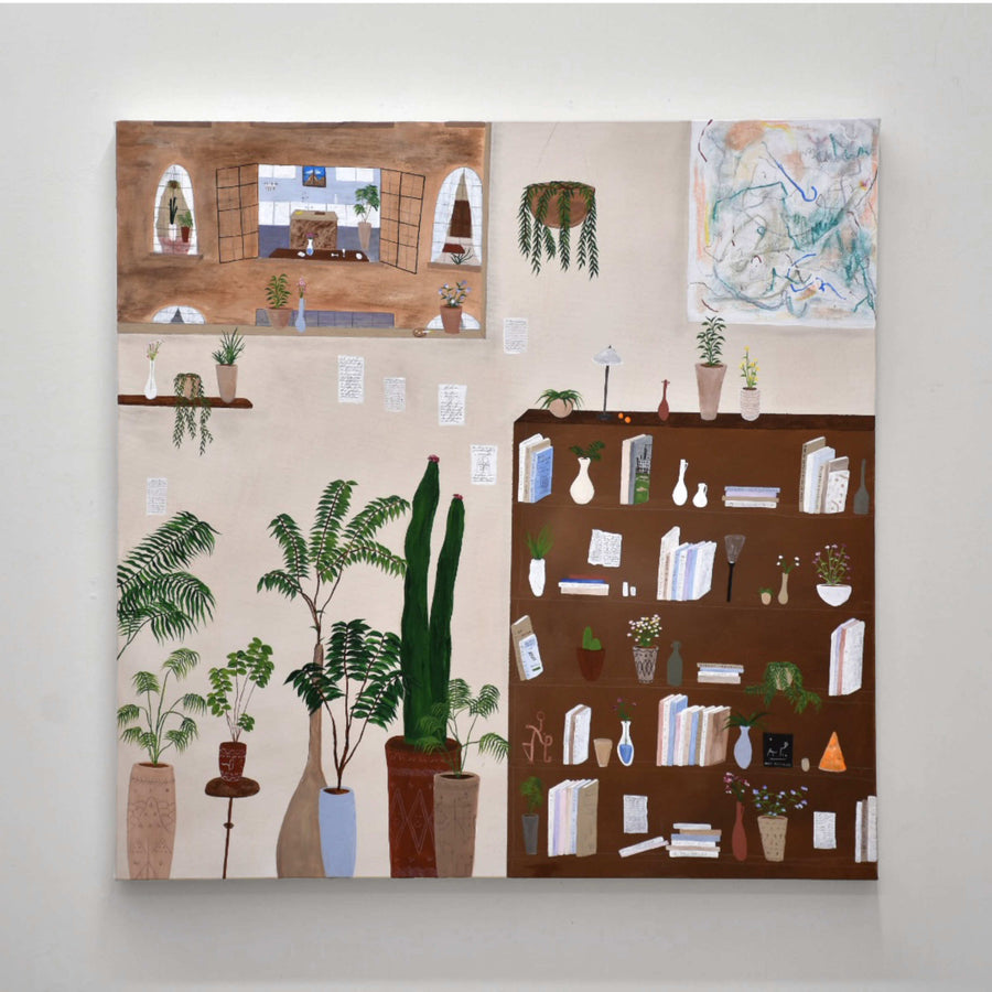 Sans titre, de Gabriel Rioux. Format carré de 30” x 30”, acrylique sur toile, 2021. Peinture naïve d’une scène d’intérieur avec fenêtre ouverte sur plusieurs fenêtres.