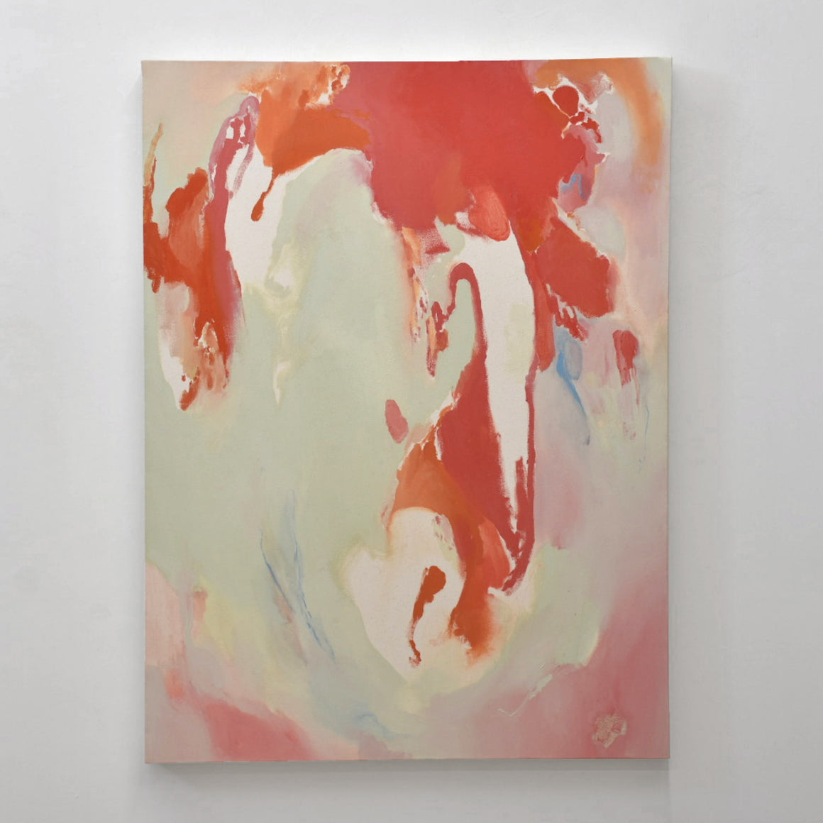 Tableau sans titre de Laurence Belzile, acrylique sur toile, 36” x 48”, 2021. Gestuelle rouge sur fond vert taupe.