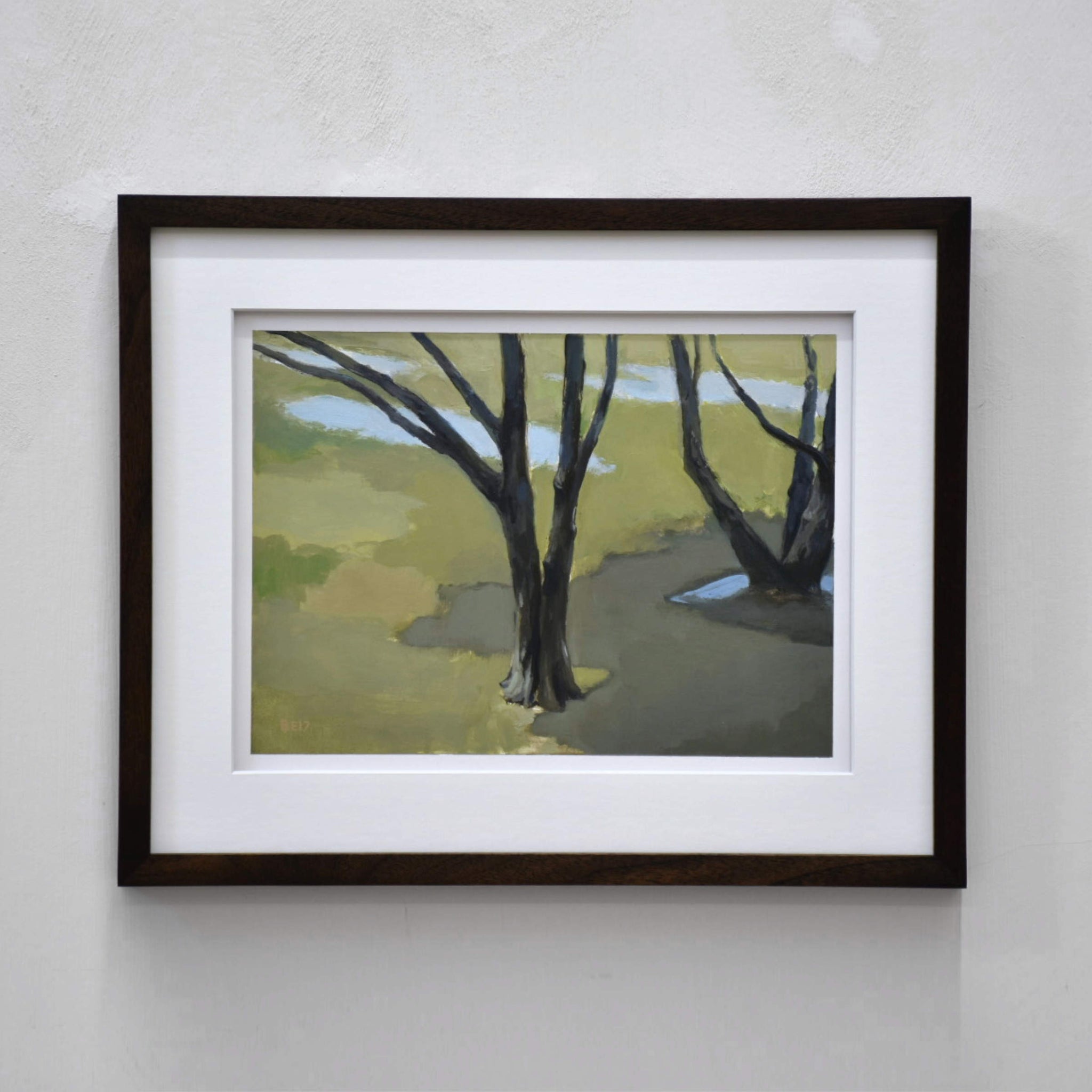 Terrain innondé, avril, de Benoit Chartier. Acrylique sur papier Bristol, 13” x 16” avec cadre, 2017. Composition d’arbres innondés au printemps dans un champ.