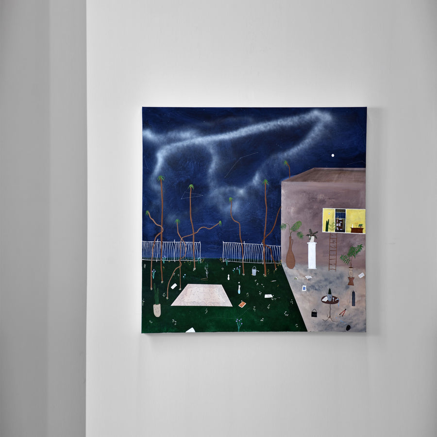 The Last of the Great Days, par Gabriel Rioux. Acrylique sur toile, 40” x 40”, 2020. Tableau nocturne surréaliste, palmiers danseurs et maison sans murs.