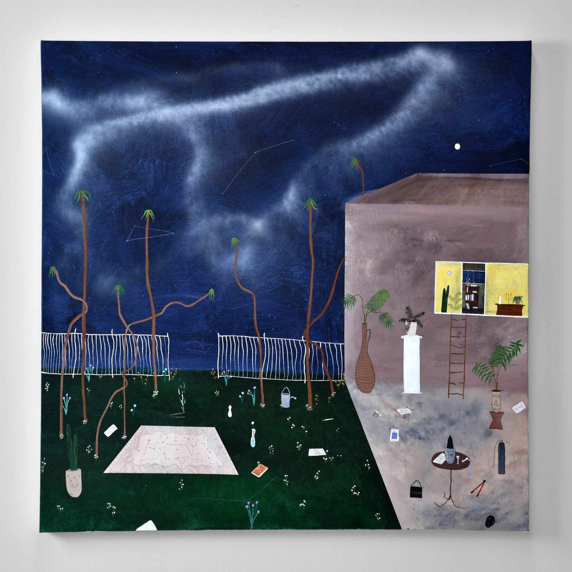 The Last of the Great Days, par Gabriel Rioux. Acrylique sur toile, 40” x 40”, 2020. Tableau nocturne surréaliste, palmiers danseurs et maison sans murs.