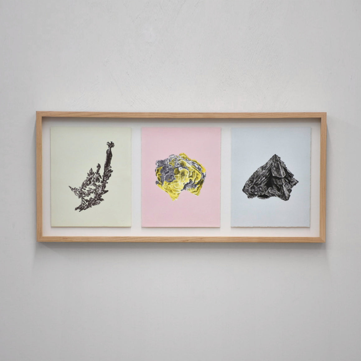 Triptique, cuivre natif, polylithionite, hématite pseudomorphe de magnétite, par Julie Bellavance. Encadrement horizontal en érable avec verre AR70.