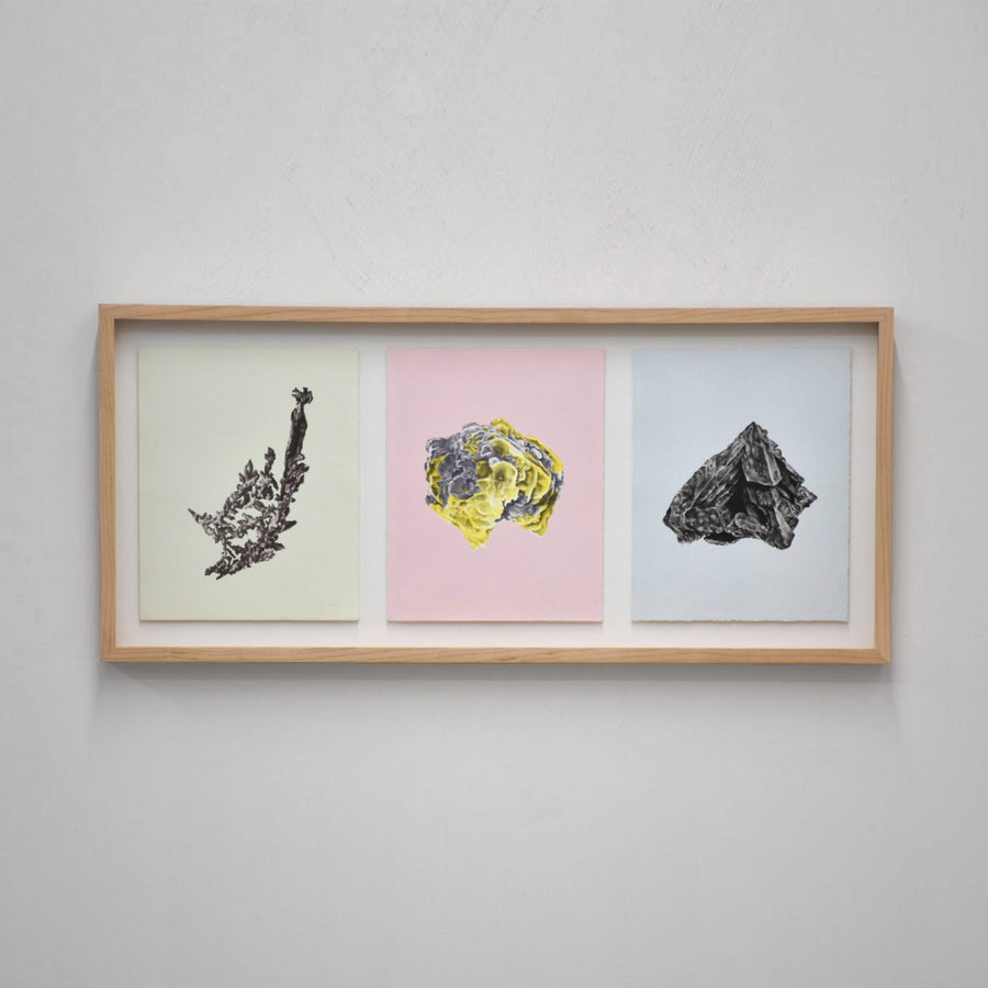 Triptique, cuivre natif, polylithionite, hématite pseudomorphe de magnétite, par Julie Bellavance. Encadrement horizontal en érable avec verre AR70.