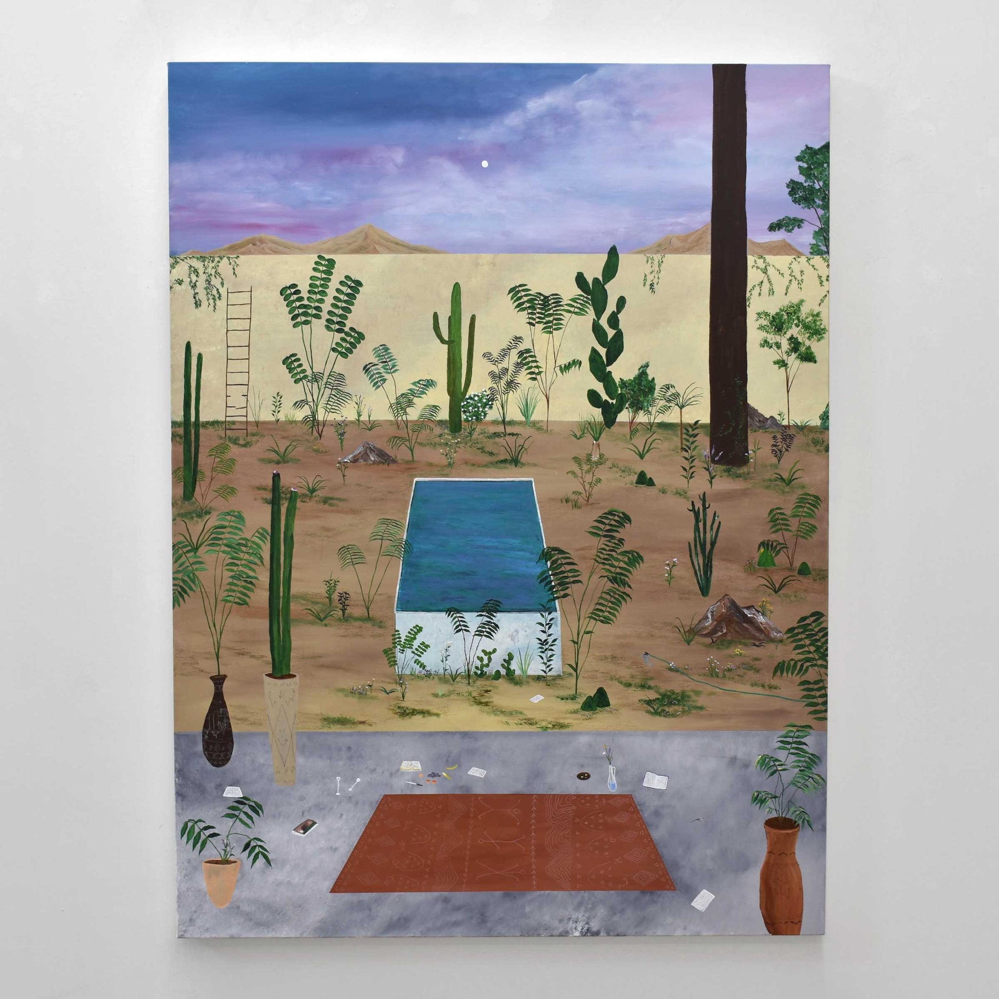 You Blew It, de Gabriel Rioux. Acrylique sur toile, 36” x 48”, 2022. Format vertical d’un paysage couvert de plantes et de cactus, avec un désert au loin.