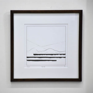 The View, dessin minimaliste de Marnix Bassie, encre noire sur papier, encadrement en noyer ébène